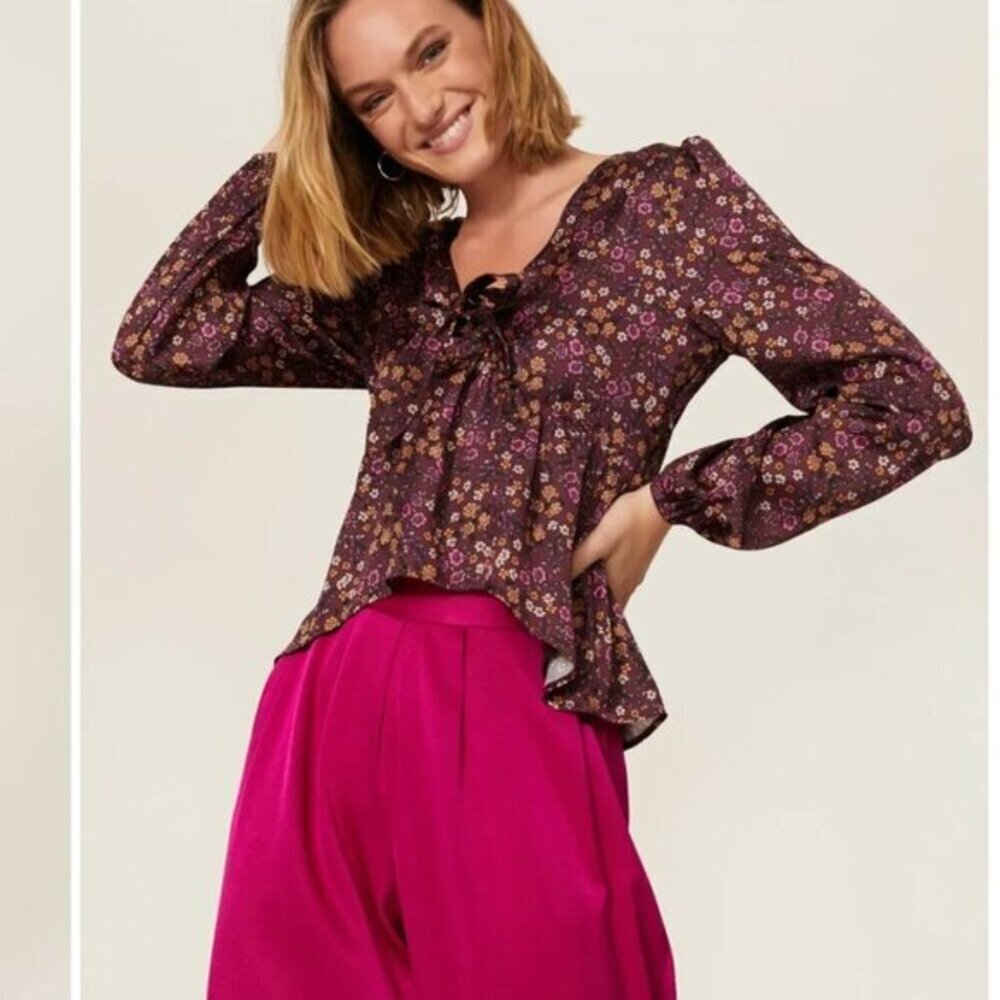 Louna Revolve Floral Ruffle Hem Top V Neck Romantic Longsleeve Blouse